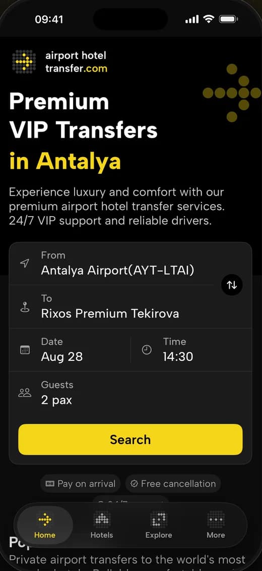 Transfer arama formunun yer aldığı Hotel Transfer uygulaması ana ekranı