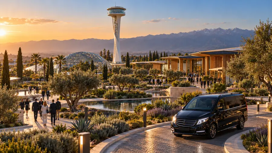 Illustrative image: the Antalya EXPO park with its observation tower and gardens at sunset, a transfer van arriving
