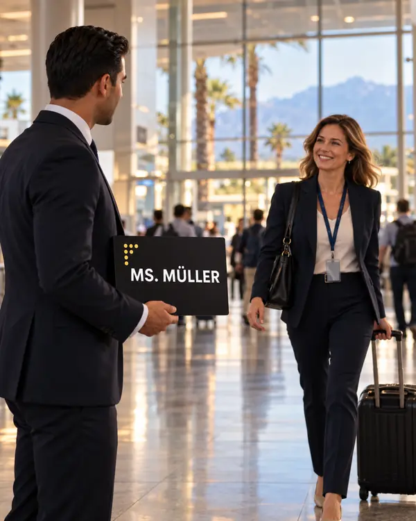 Chauffeur holding a name sign as a delegate arrives at Antalya Airport